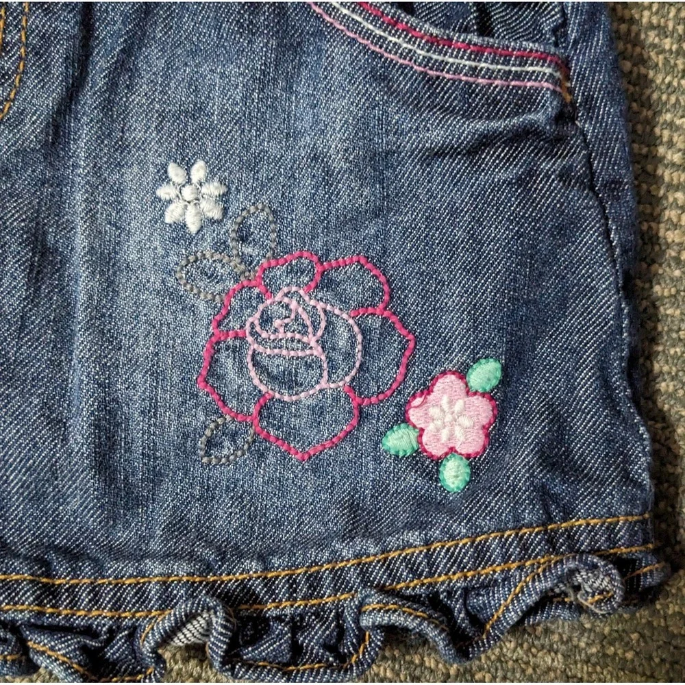 The Childrens Place Overall‎ Skirt 6-9 Months Denim Embroidered Flowers Ruffled
